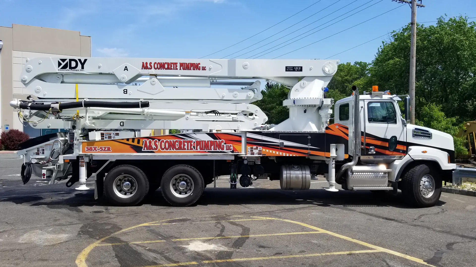 A&S Concrete Pumping DY 38X-5ZR boom pump truck, side view