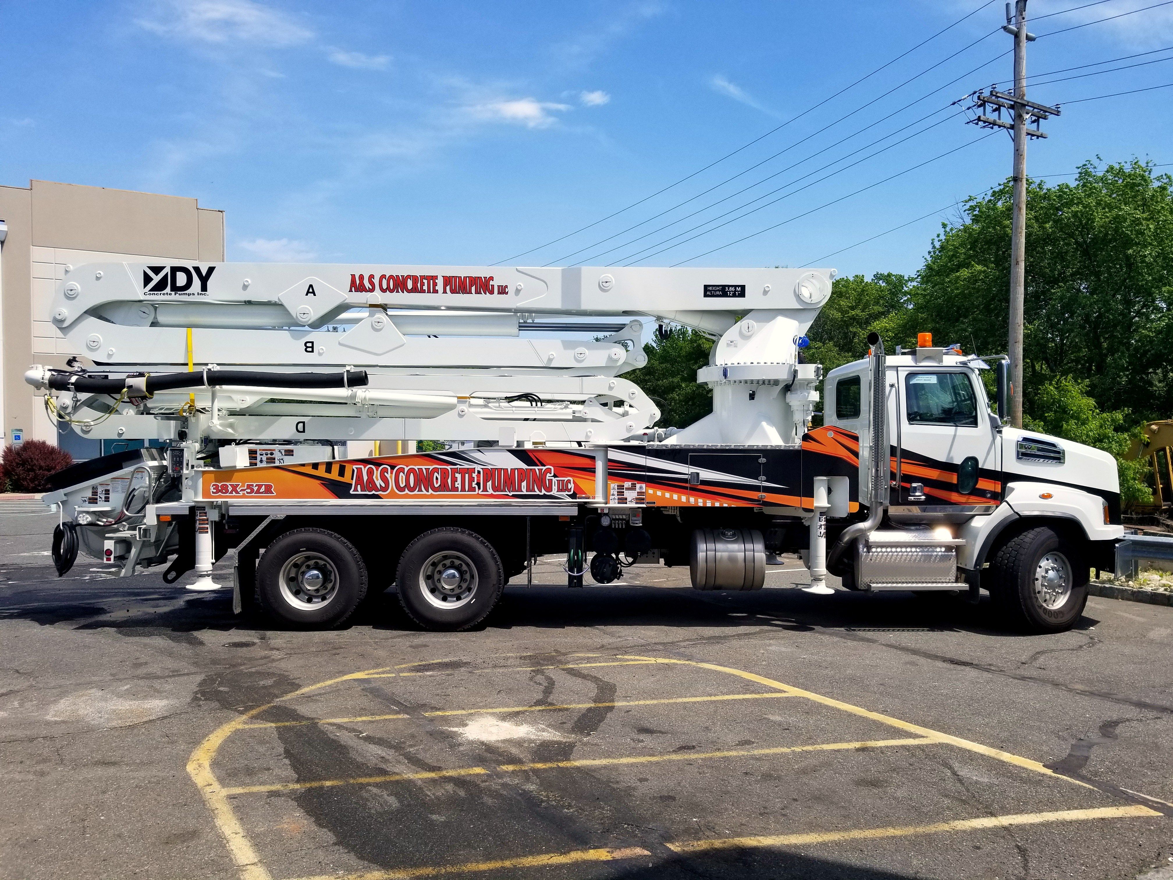 A&S Concrete Pumping DY 38X-5ZR boom pump on a Western Star truck, side view